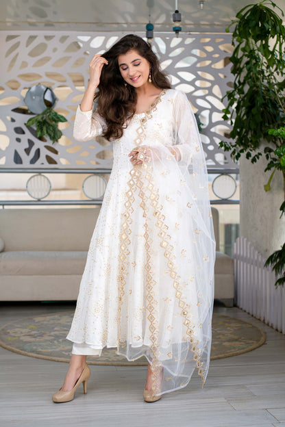 White And Gold Anarkali Kurta Set