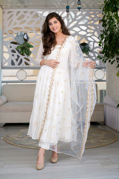 White And Gold Anarkali Kurta Set