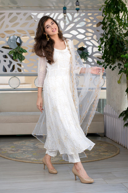White And Gold Anarkali Kurta Set