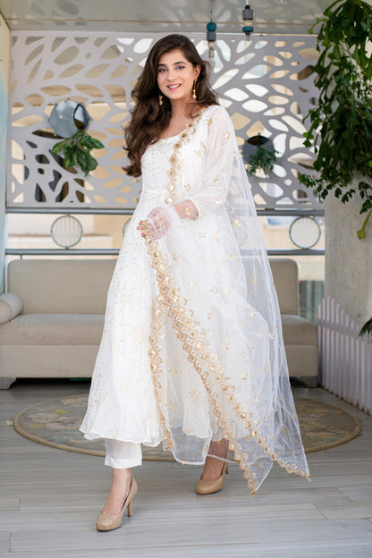 White And Gold Anarkali Kurta Set
