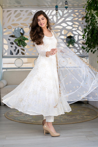 White And Gold Anarkali Kurta Set