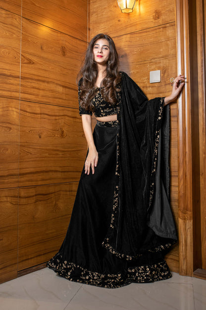 Black Sequin and Zari Work Velvet Lehenga