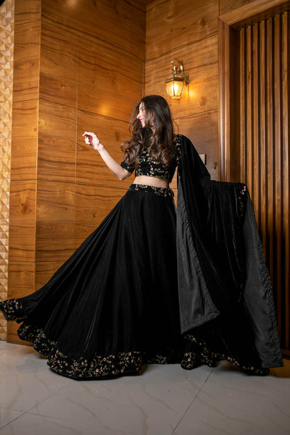 Black Sequin and Zari Work Velvet Lehenga