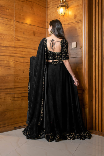 Black Sequin and Zari Work Velvet Lehenga