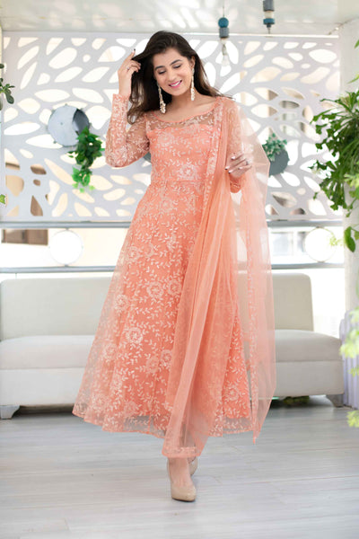 Peach Heavy Thread Work Anarkali Suit Set With Net Dupatta