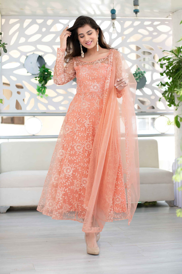 open lace back dress Peach Heavy Thread Work Anarkali Suit Set With Net Dupatta