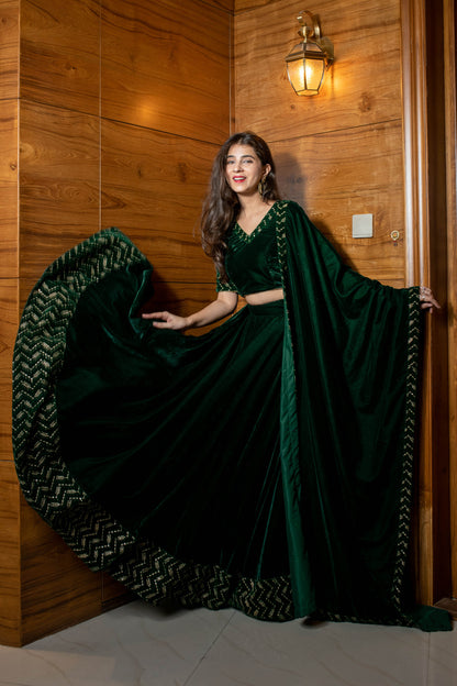 Bottle Green Sequin And Zari Work Velvet Lehenga