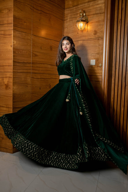 Bottle Green Sequin And Zari Work Velvet Lehenga