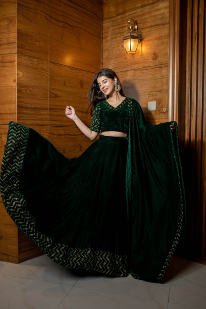 Bottle Green Sequin And Zari Work Velvet Lehenga