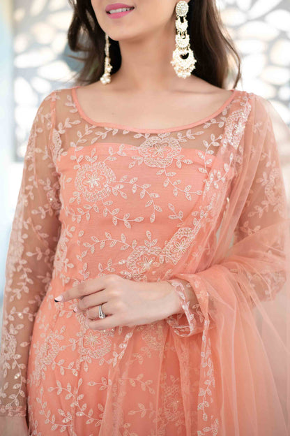 Peach Heavy Thread Work Anarkali Suit Set With Net Dupatta