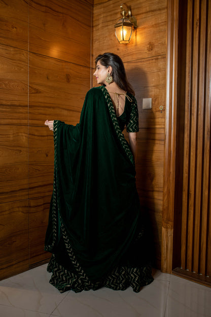 Bottle Green Sequin And Zari Work Velvet Lehenga