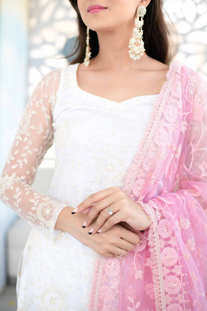 white dress with pink dupatta Simple White Dress with Heavy Dupatta