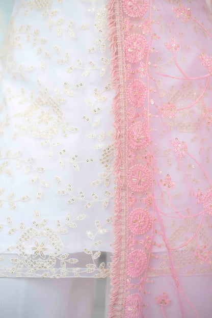White Palazzo Kurta Suit Set With Heavy Thread Work Pink Dupatta