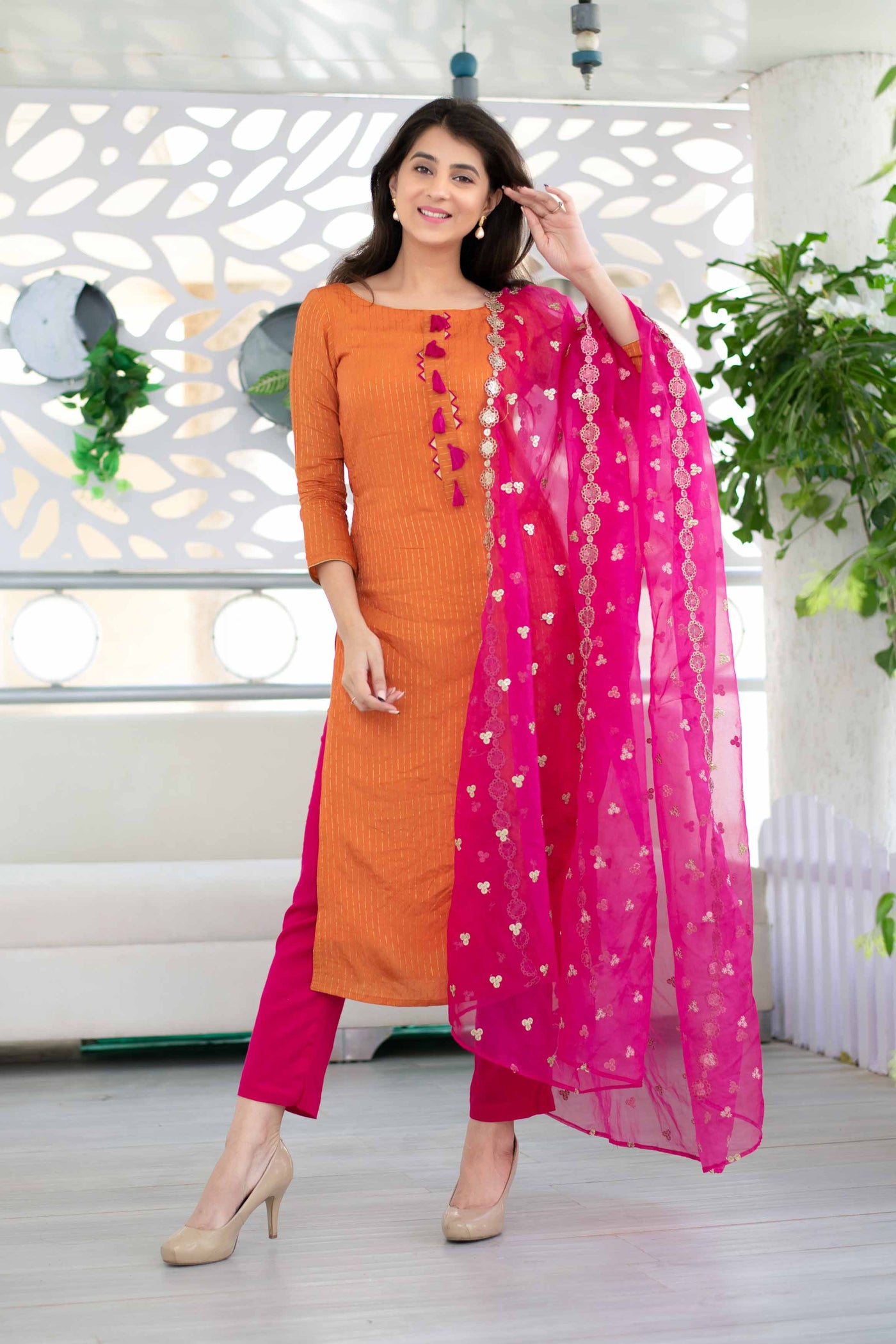 Orange And Pink Chanderi Kurta Suit Set With Organza Dupatta