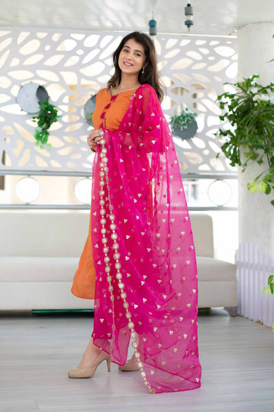 Orange And Pink Chanderi Kurta Suit Set With Organza Dupatta