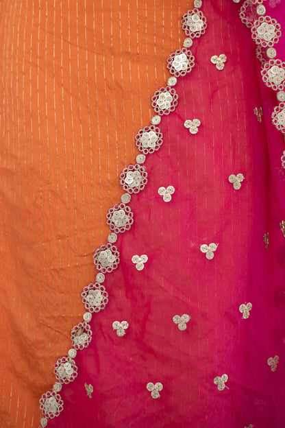 Orange And Pink Chanderi Kurta Suit Set With Organza Dupatta