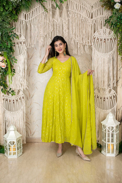 Lime Green Embroidery Anarkali Set