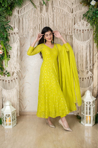 Lime Green Embroidery Anarkali Set