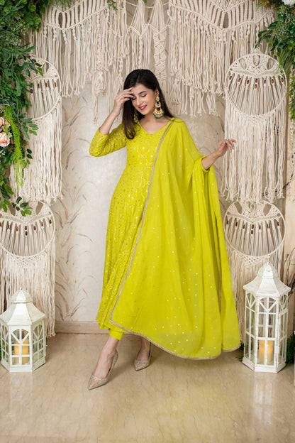 Lime Green Embroidery Anarkali Set