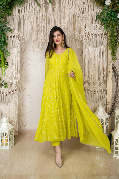 Lime Green Embroidery Anarkali Set