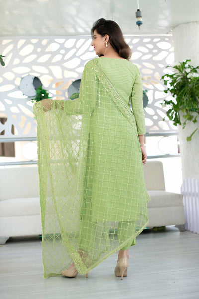 Light Green Chanderi Kurta Suit Set With Heavy Net Dupatta