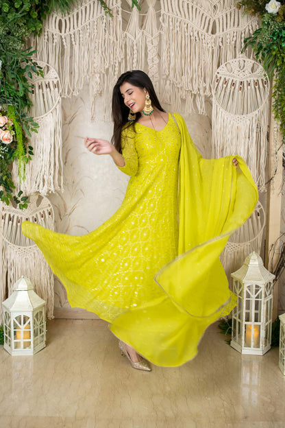 Lime Green Embroidery Anarkali Set