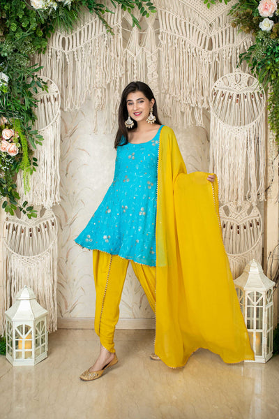 Turquoise & Yellow Kurta With Dhoti