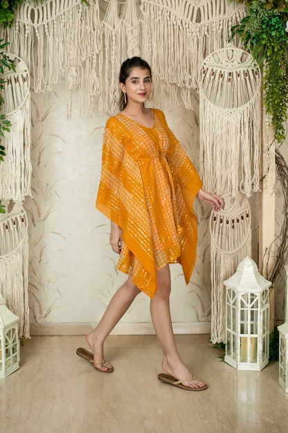 Mustard Thread Work And Sequin Kaftan