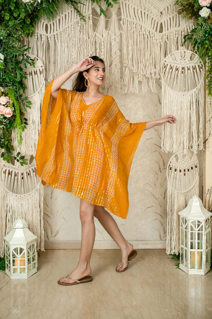 Mustard Thread Work And Sequin Kaftan