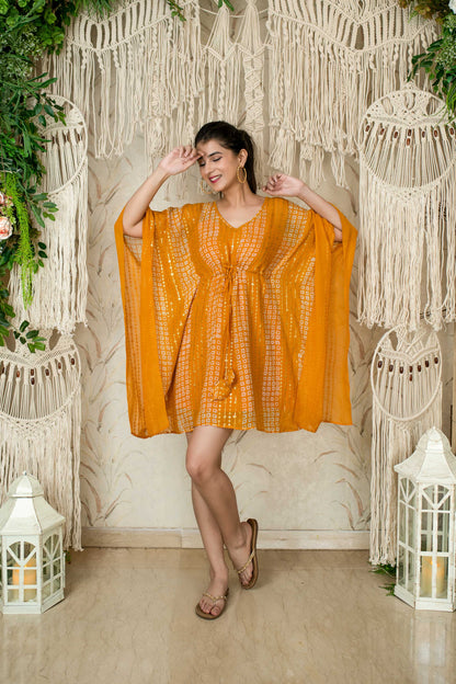 Mustard Thread Work And Sequin Kaftan