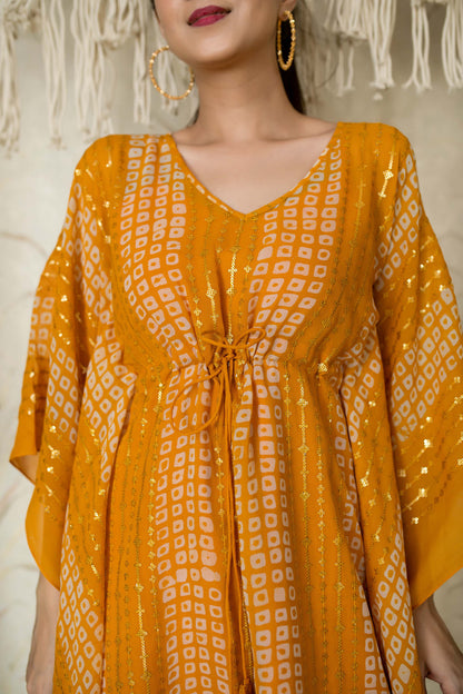 Mustard Thread Work And Sequin Kaftan