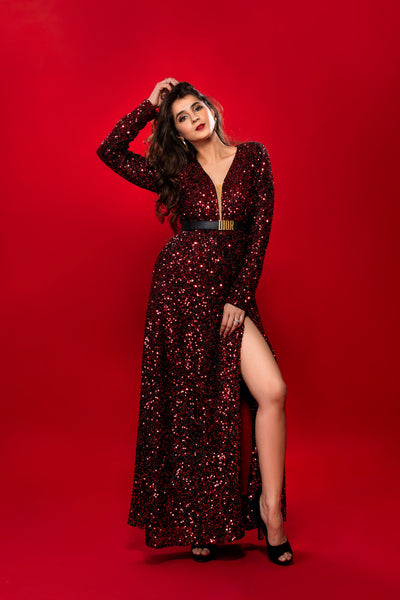 Red Sequin Long Gown With Slit