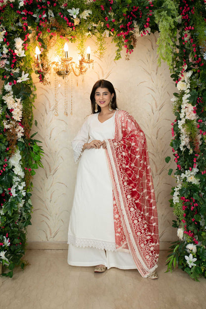 White Kurta With Red Thread Work Dupatta