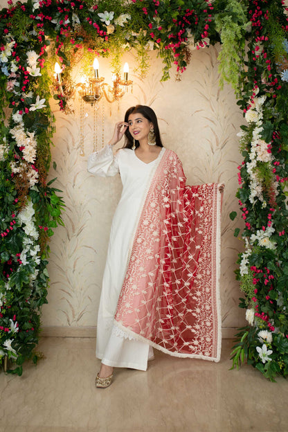 White Kurta With Red Thread Work Dupatta
