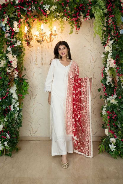 White Kurta With Red Thread Work Dupatta