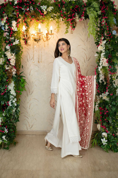 White Kurta With Red Thread Work Dupatta
