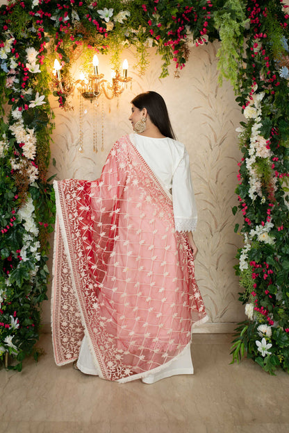 White Kurta With Red Thread Work Dupatta