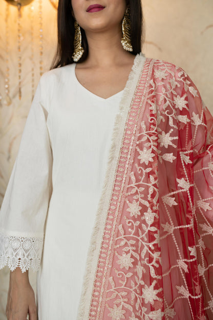 White Kurta With Red Thread Work Dupatta