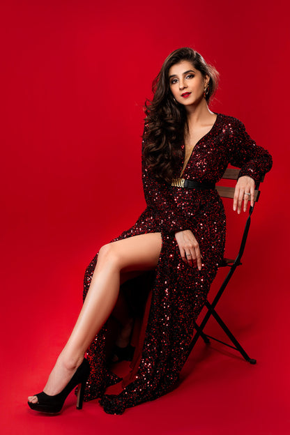 Red Sequin Long Gown With Slit