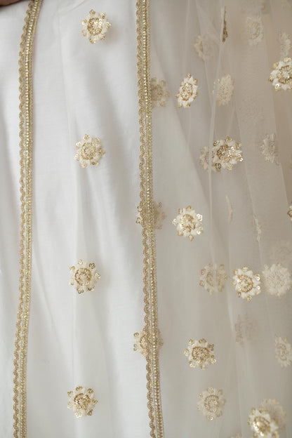 White Chanderi Anarkali With Thread Work Dupatta