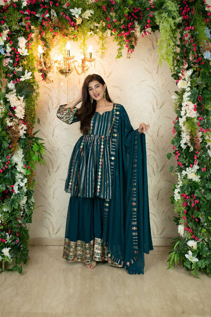 Teal Blue Peplum Kurta With Sharara