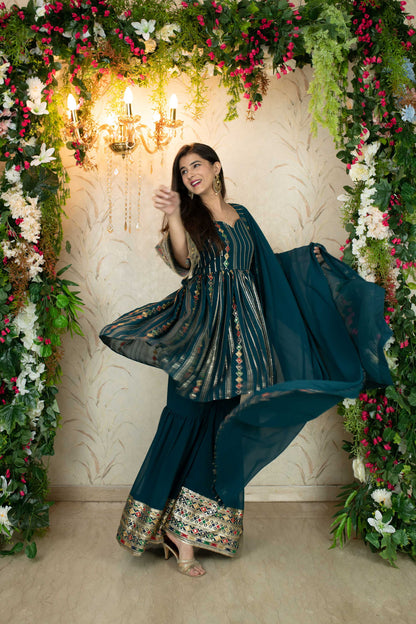 Teal Blue Peplum Kurta With Sharara