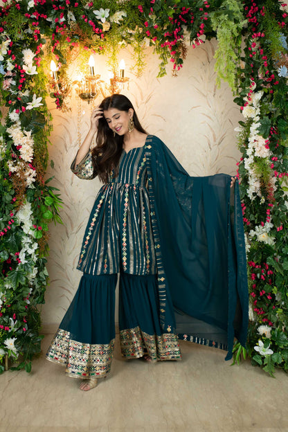 Teal Blue Peplum Kurta With Sharara