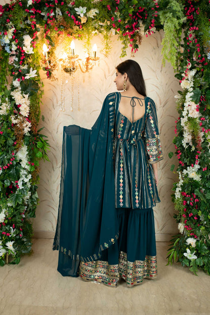 Teal Blue Peplum Kurta With Sharara