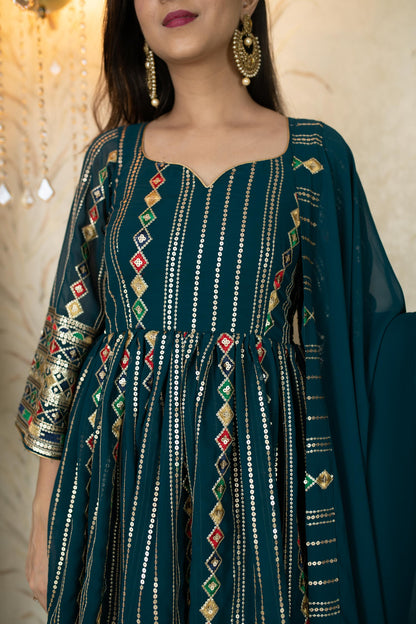 Teal Blue Peplum Kurta With Sharara