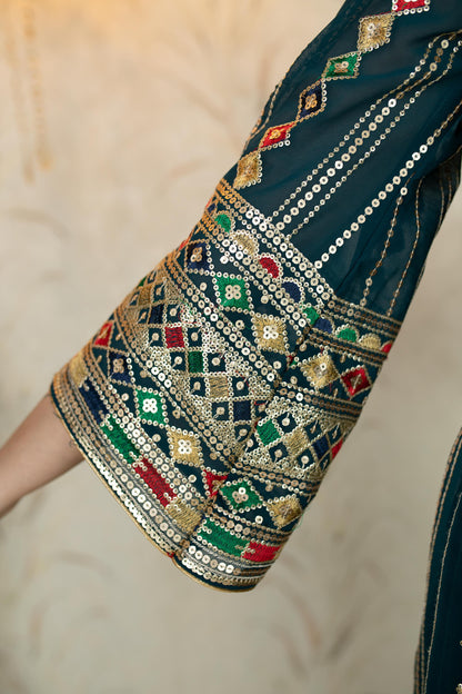 Teal Blue Peplum Kurta With Sharara