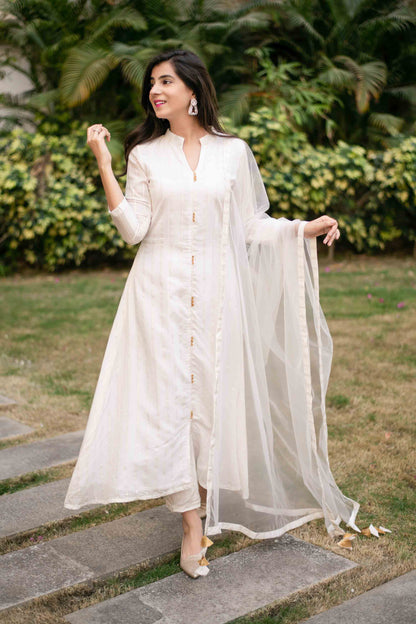 White A-Line Chanderi Kurta Set With Dupatta