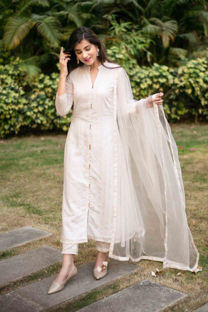 White A-Line Chanderi Kurta Set With Dupatta