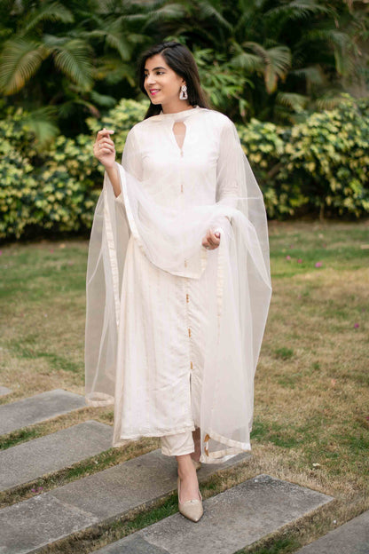 White A-Line Chanderi Kurta Set With Dupatta