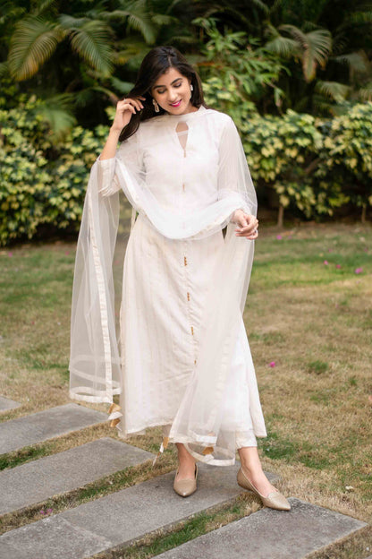 White A-Line Chanderi Kurta Set With Dupatta